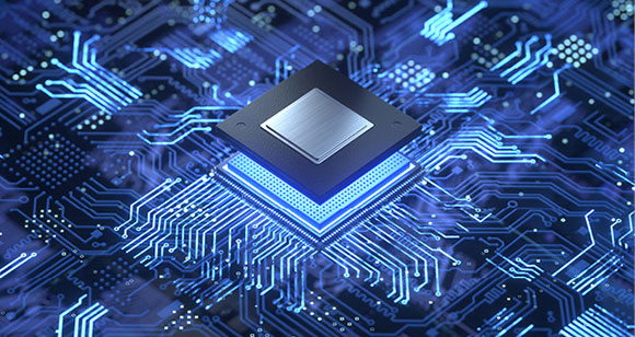 An illuminated view of a semiconductor chip hovering over an interconnected circuit board.